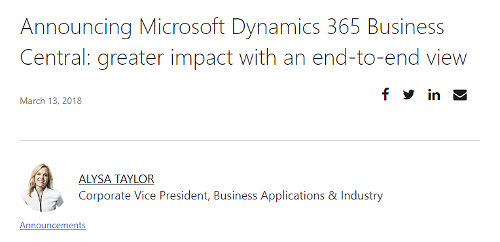 Alysa Taylor announced Dynamics 365 Business Central in 2018