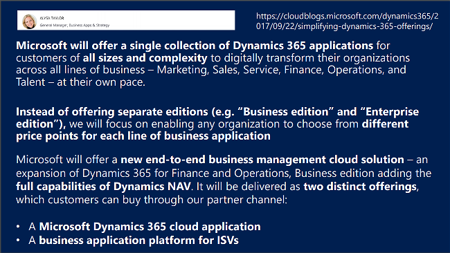 Alysa Taylor announcing new strategy for Dynamics 365 in a blog post. 2017