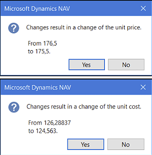 Automatic changes to unit price and unit cost