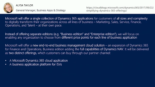 Alysa Taylor, blog post about the future of Dynamics 365, 2017
