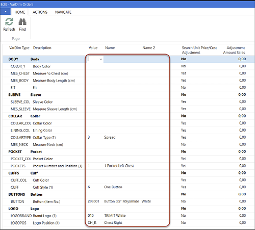 Configuring a mens shirt in TRIMIT Fashion Erp