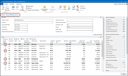 Purchase order details for shoe. Multi-level BOMs