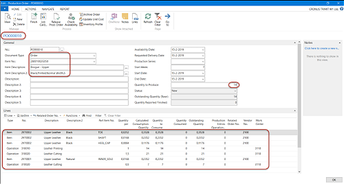 Example of a production order for upper