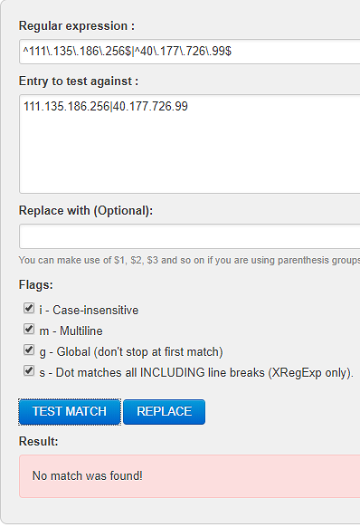 Failed test of a regular expression with multiple IP addresses