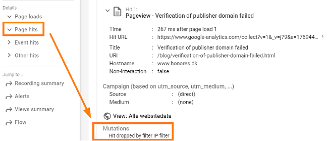 Go to Page hits and See if the hit was dropped by the filter