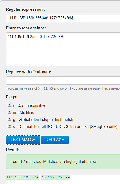 Successful test of a regular expression with multiple IP addresses